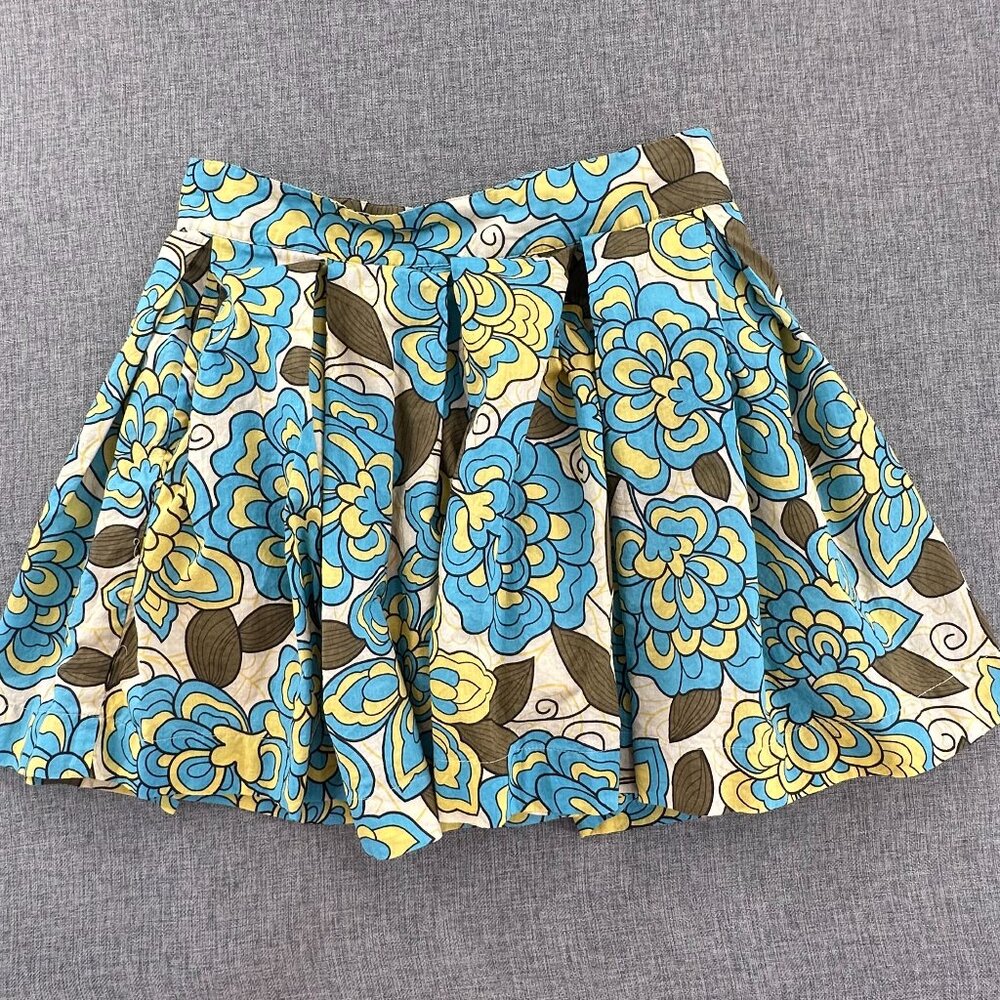 Forever 21 Pleated Mini Skirt Floral Junior‎ Size 1 Lined Turquoise Yellow Tan